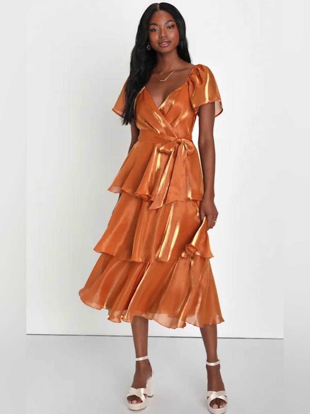 ✨ Lulus Metallic Gold Tiered Ruffle Wrap Dress XL